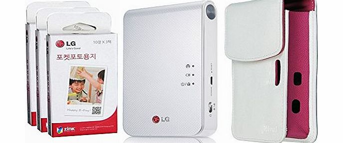 [SET] LG Pocket Photo 2 PD239 (White) Portable Printer + Zink 90 Sheet + (Brown) Atout Premium Synthetic Leather Vintage Cover Case